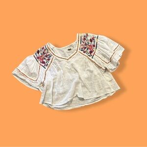 Anthropologie White Embroidered Peasant Blouse with Pink and Red Floral Accents